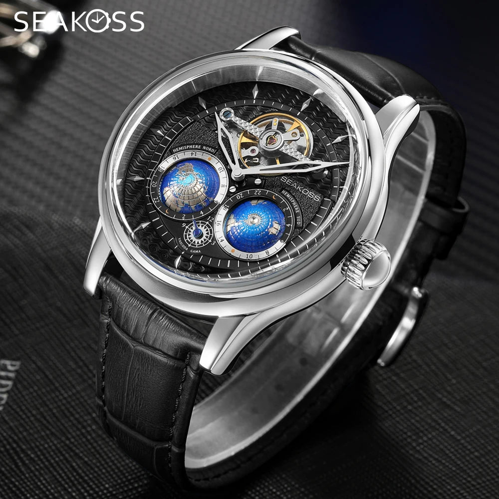 SEAKOSS 47mm Double Earth Rotating Men's Mechanical Watch Automatic Movement Flywheel Wristwatches 5Bar Waterproof Leather Strap