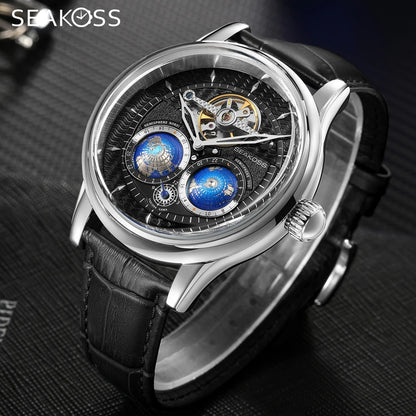 SEAKOSS 47mm Double Earth Rotating Men's Mechanical Watch Automatic Movement Flywheel Wristwatches 5Bar Waterproof Leather Strap