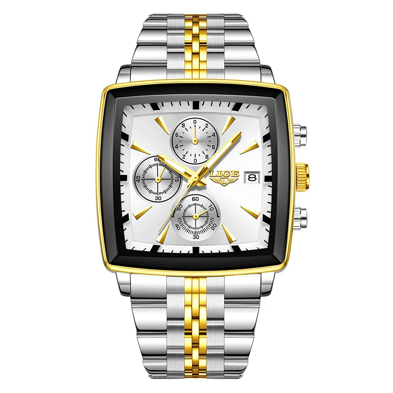 LIGE Top Brand Luxury Mens Watches Fashion Military Square Chronograph Quartz Wristwatches For Men Sports Waterproof Watch Men