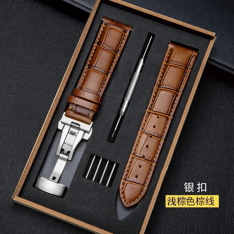 Watch Band with Wooden Box Butterfly Clasp Watchband Replacement Genuine Leather Strap 18mm 20mm 22mm Bracelet Watch Accessories