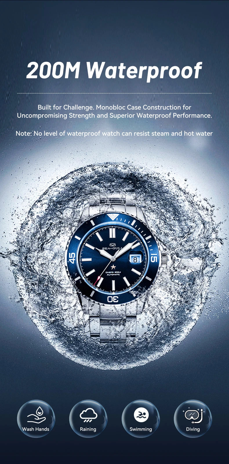Seagull Ocean Series Stainless Steel Watch Men Business Watch Automatic Mechanical Watch 20Bar Waterproof Diving Diver Watch 523