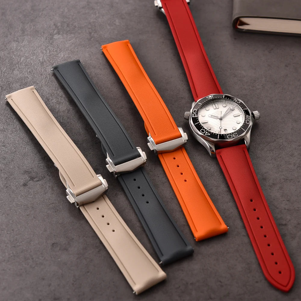 Premium Grade Soft FKM Rubber Watch Strap 20mm 21mm 22mm Perfect Fit Flat End Universal Quick Release Watch Strap