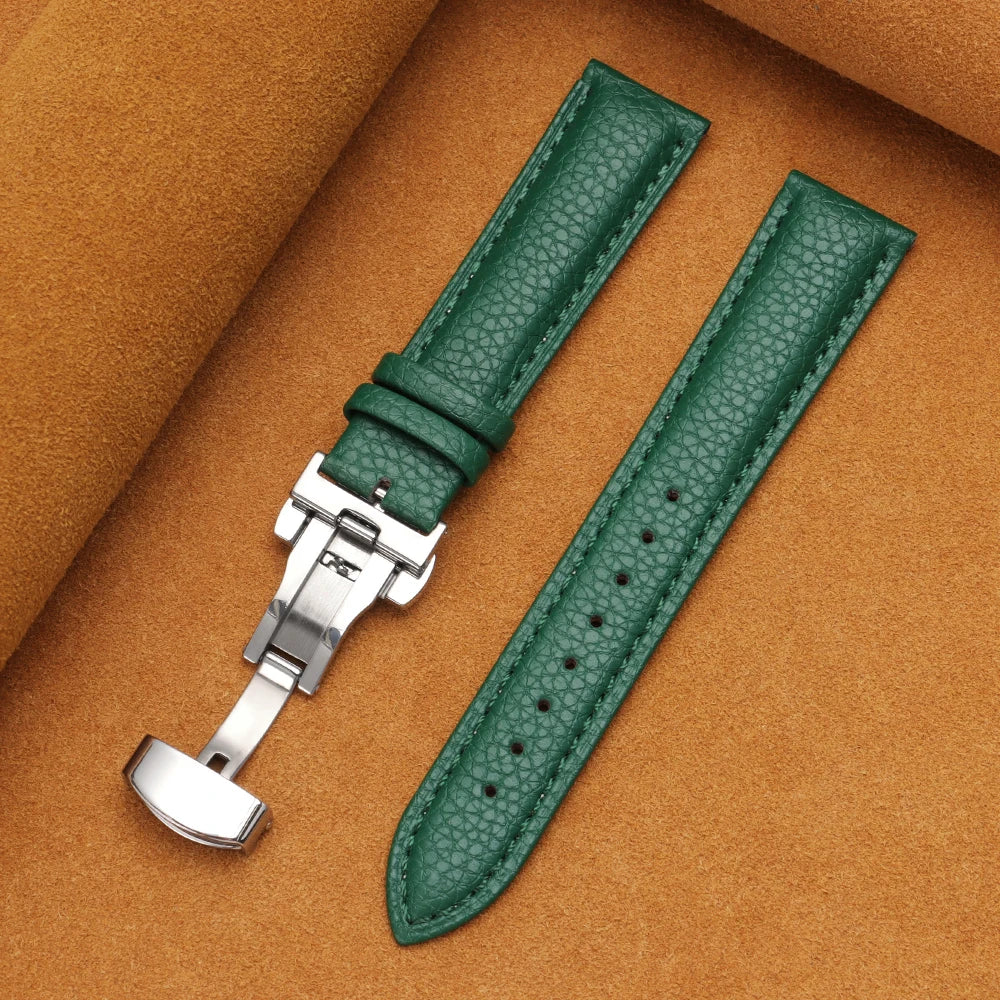 12/14/16/18/19/20/22mm Calfskin Watchbands Litchi Grain Strap Genuine Leather Wristwatch Band Butterfly Buckle Watch Accessories