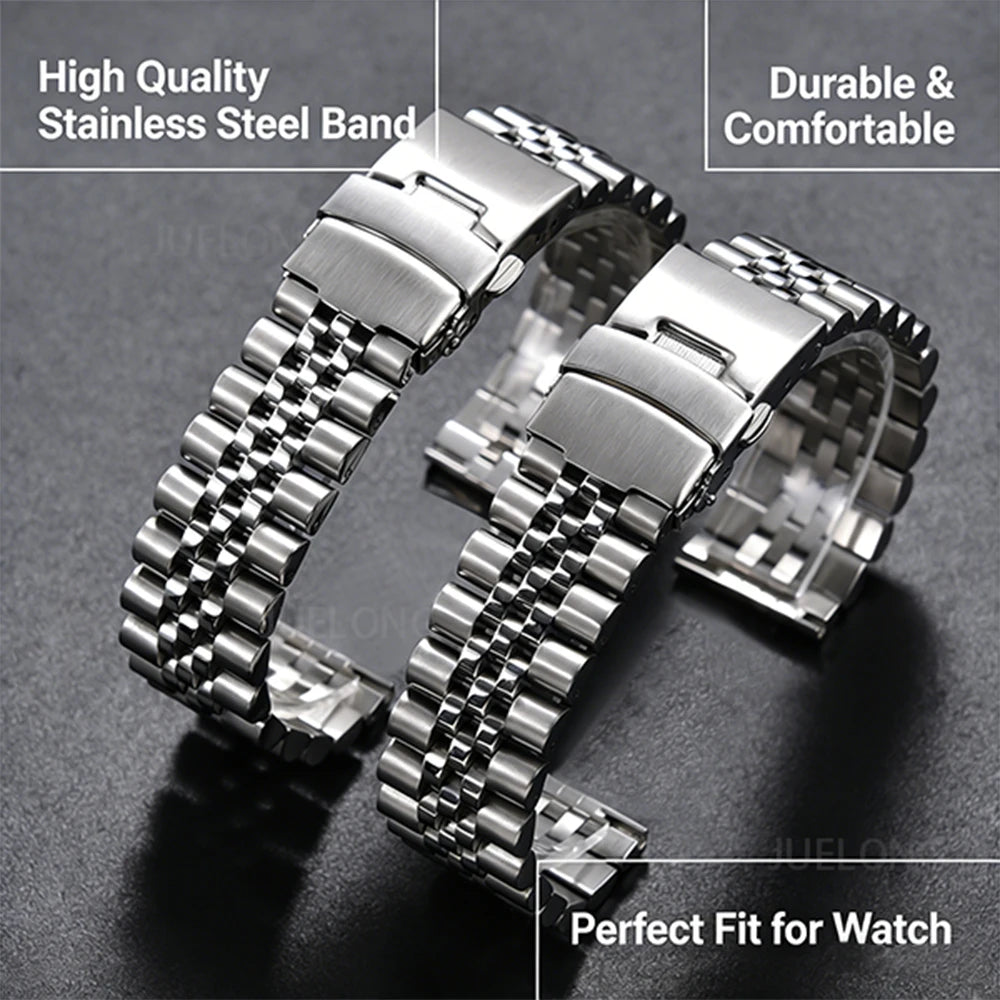 High Quality Full Solid Stainless Steel Watch Band - 20mm 22mm Flat Interface Metal Strap with Folding Buckle For Jubilee Men Wo
