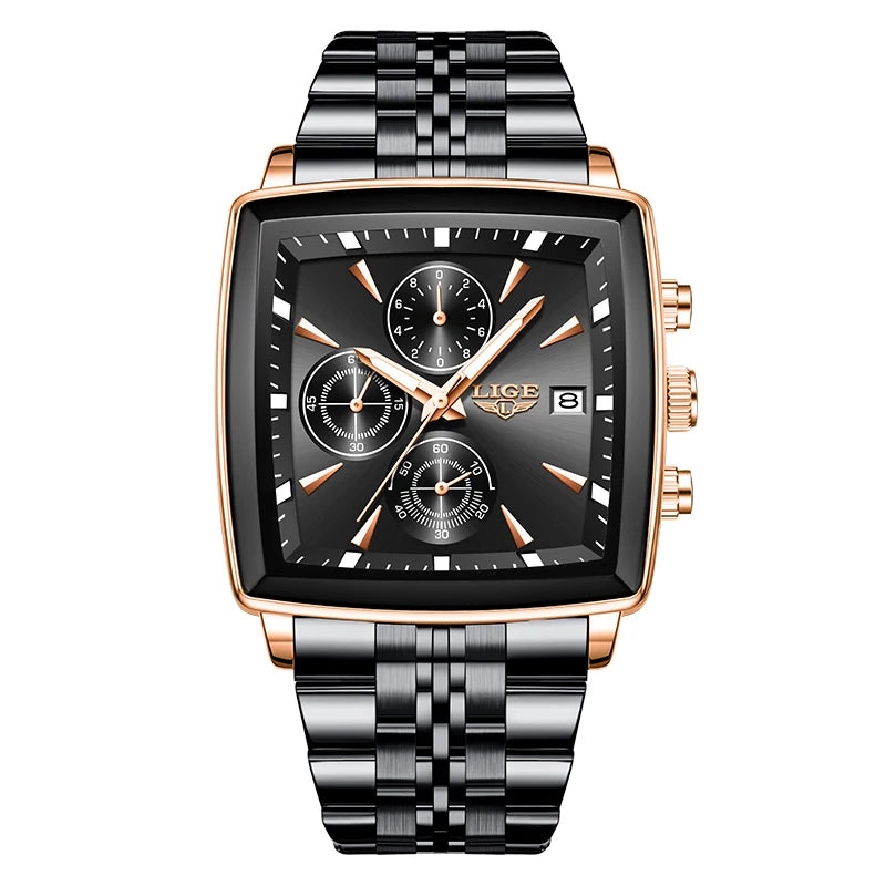 LIGE Top Brand Luxury Mens Watches Fashion Military Square Chronograph Quartz Wristwatches For Men Sports Waterproof Watch Men