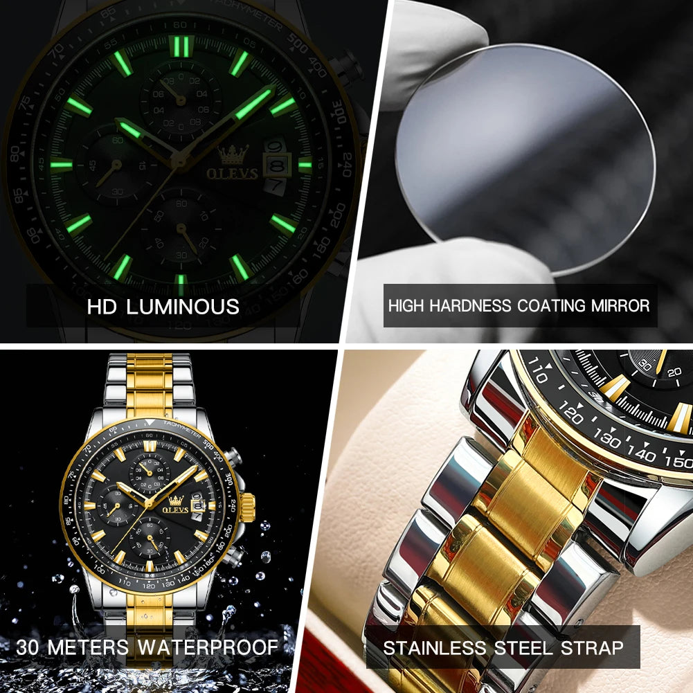OLEVS Men's Watches Top Brand Classic Original Quartz Watch for Man Waterproof Stainless Steel Lunminous Chronograph Calendar