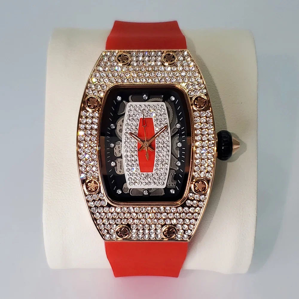 Fashion Rose Iced Watches Women Casual Silicone Strap Quartz Dress Full Diamond AAA Tonnneau Watch For Ladies Dropshipping