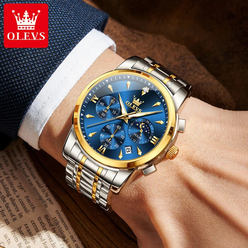 OLEVS 3639 Luxury Quartz Watch Stainless Steel Watch for Men Top Brand Original  Waterproof Luminous Moon Phase Men's Hand Clock