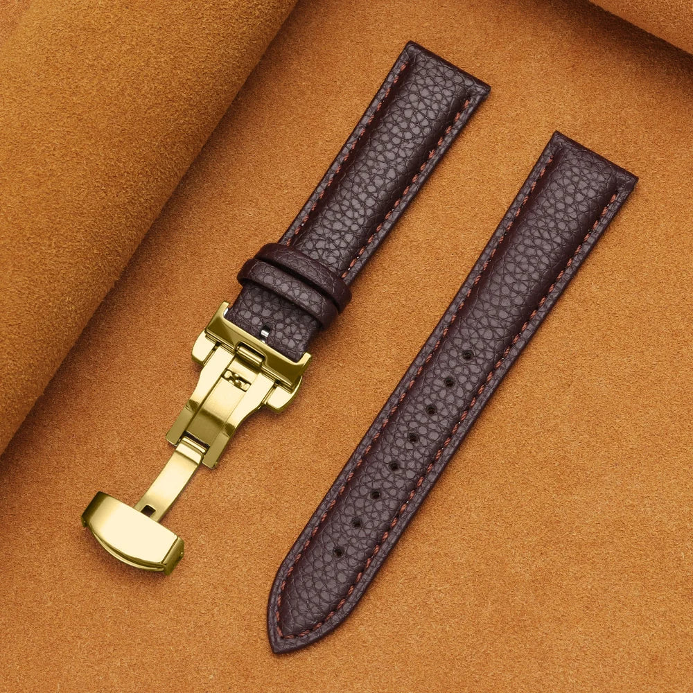 12/14/16/18/19/20/22mm Calfskin Watchbands Litchi Grain Strap Genuine Leather Wristwatch Band Butterfly Buckle Watch Accessories