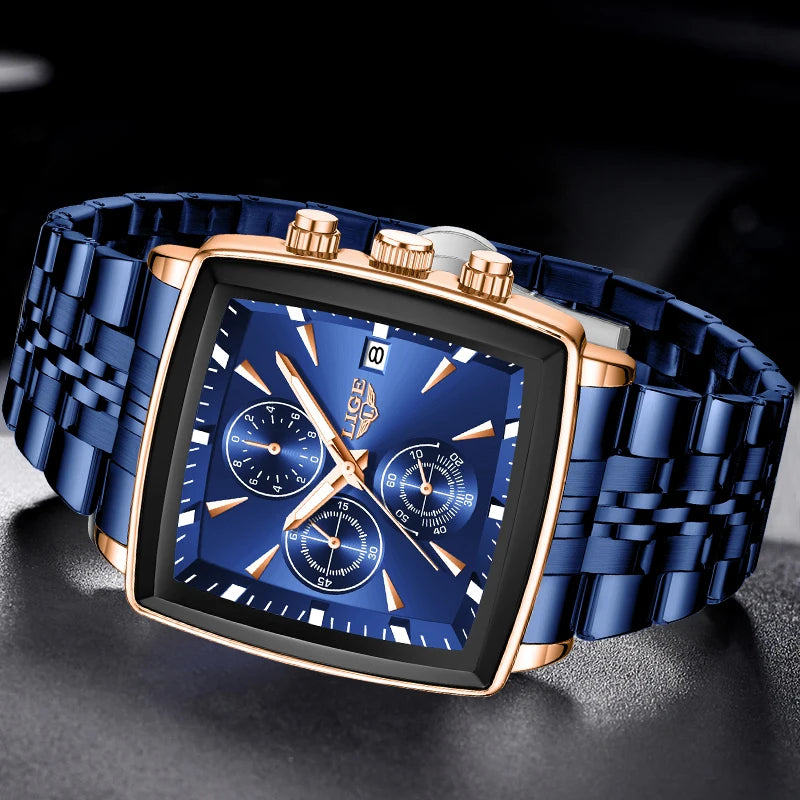 LIGE Top Brand Luxury Mens Watches Fashion Military Square Chronograph Quartz Wristwatches For Men Sports Waterproof Watch Men