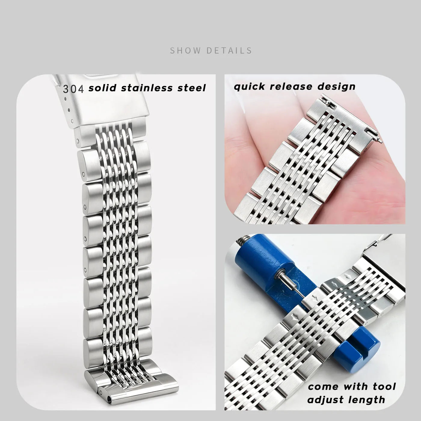 18mm 20mm 22mm 24mm Quick Release Stainless Steel Watch Strap for Men Women Universal Multi Beads Watch Bracelet with Tool