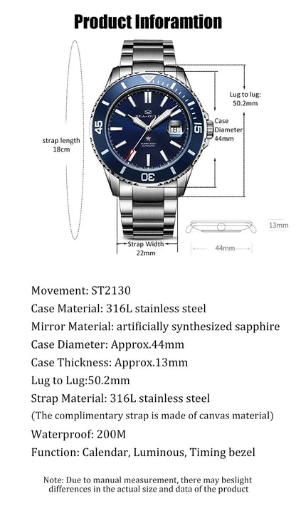 Seagull Ocean Series Stainless Steel Watch Men Business Watch Automatic Mechanical Watch 20Bar Waterproof Diving Diver Watch 523