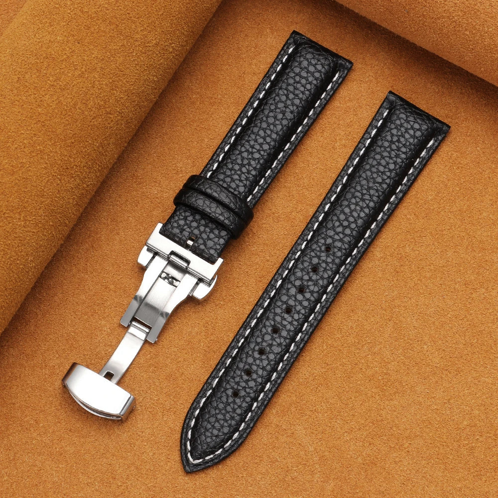 12/14/16/18/19/20/22mm Calfskin Watchbands Litchi Grain Strap Genuine Leather Wristwatch Band Butterfly Buckle Watch Accessories