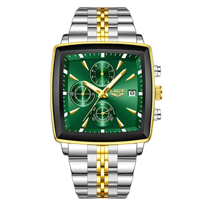 LIGE Top Brand Luxury Mens Watches Fashion Military Square Chronograph Quartz Wristwatches For Men Sports Waterproof Watch Men
