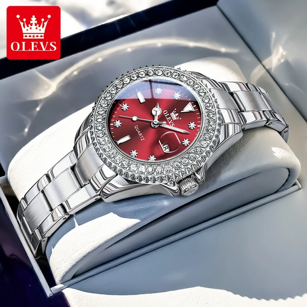 OLEVS New Elegant Women Wristwatch Waterproof Luminous Calendar Ladies Watch Stainless Steel Red Quartz Women's Watches Female