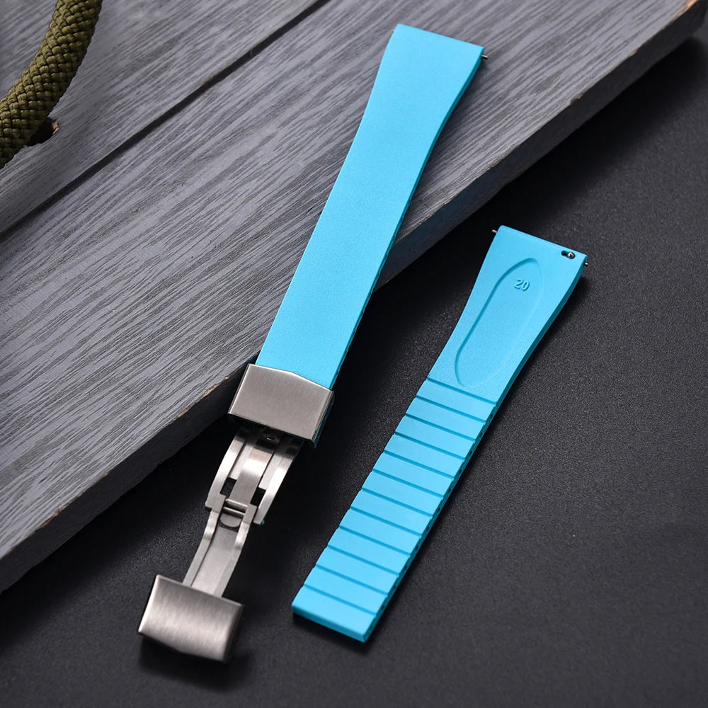New CTS FKM Rubber Watch Strap 16mm 18mm 19mm 20mm 21mm 22mm FKM CTS Watchband Quick Release Butterfly Silver Buckle Cut-To-Size