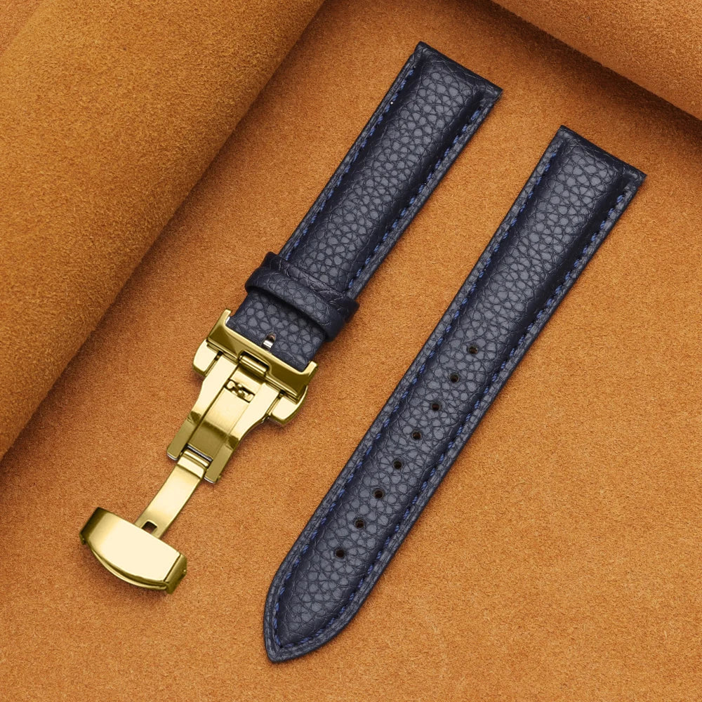 12/14/16/18/19/20/22mm Calfskin Watchbands Litchi Grain Strap Genuine Leather Wristwatch Band Butterfly Buckle Watch Accessories