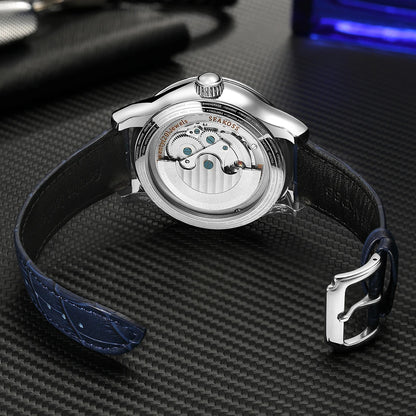 SEAKOSS 47mm Double Earth Rotating Men's Mechanical Watch Automatic Movement Flywheel Wristwatches 5Bar Waterproof Leather Strap