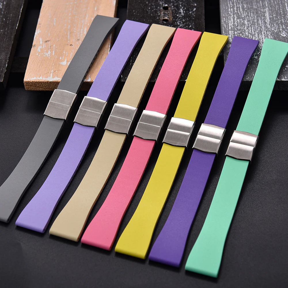 New CTS FKM Rubber Watch Strap 16mm 18mm 19mm 20mm 21mm 22mm FKM CTS Watchband Quick Release Butterfly Silver Buckle Cut-To-Size