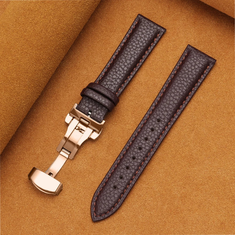 12/14/16/18/19/20/22mm Calfskin Watchbands Litchi Grain Strap Genuine Leather Wristwatch Band Butterfly Buckle Watch Accessories