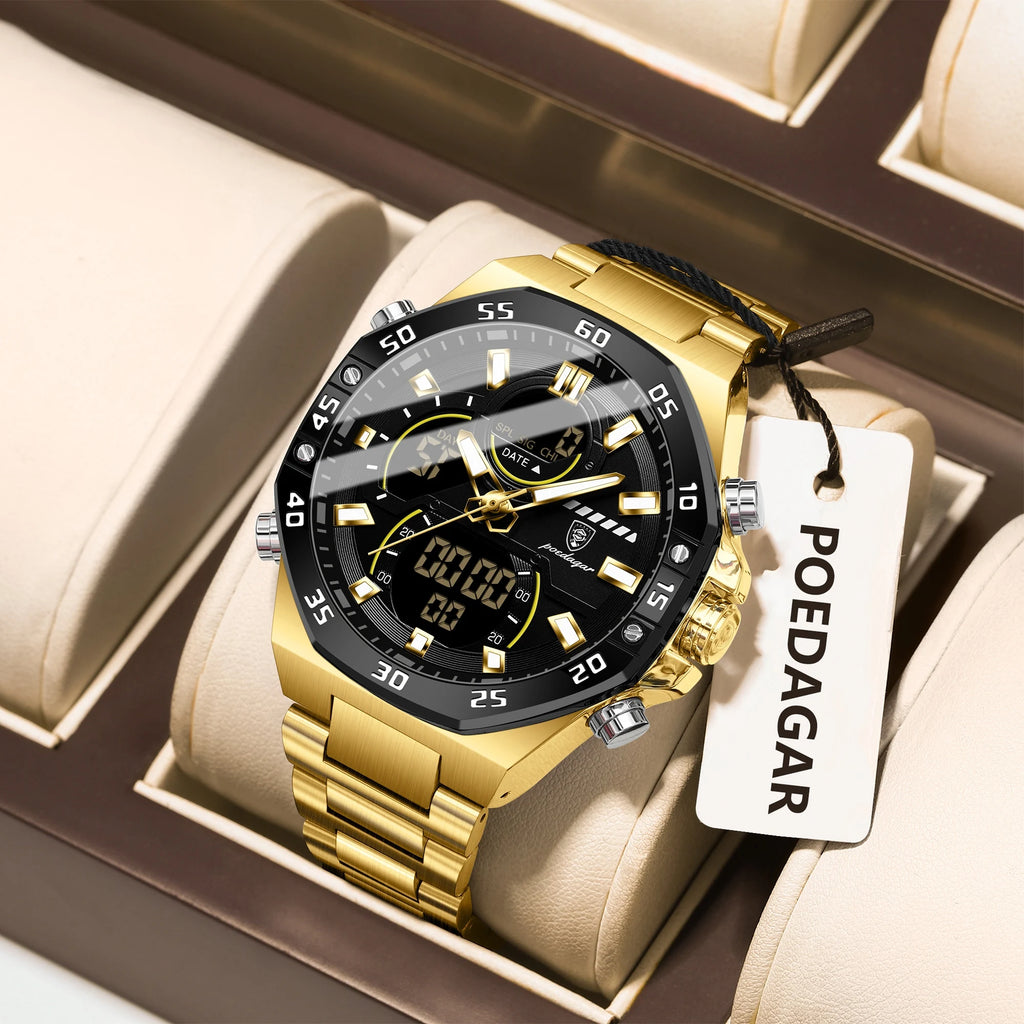 POEDAGAR Top Men Clock LED Luminous Waterproof Week Date Military Man Wristwatch Electronic Stainless Steel Quartz Men's Watches