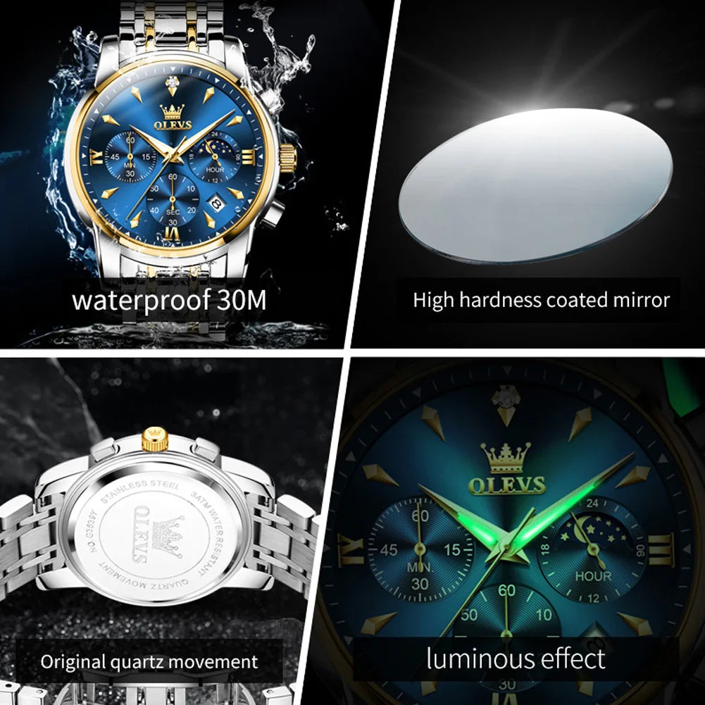 OLEVS 3639 Luxury Quartz Watch Stainless Steel Watch for Men Top Brand Original  Waterproof Luminous Moon Phase Men's Hand Clock