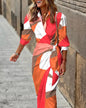 Fashion Printed Shirt Dress With Belt Slim Fit Three-quarter Sleeve Lapel Dress For Women Clothing