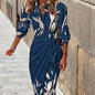 Fashion Printed Shirt Dress With Belt Slim Fit Three-quarter Sleeve Lapel Dress For Women Clothing