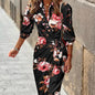 Fashion Printed Shirt Dress With Belt Slim Fit Three-quarter Sleeve Lapel Dress For Women Clothing