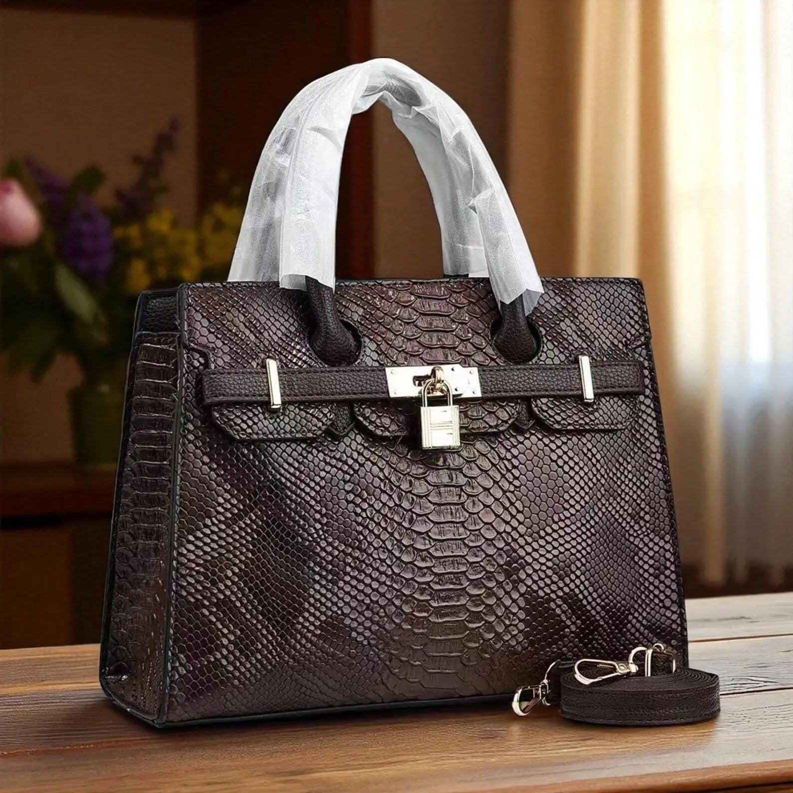 Hoor New York Crocodile Skin Stone Print Faux Leather Handbag: Vintage Style Shoulder Bag