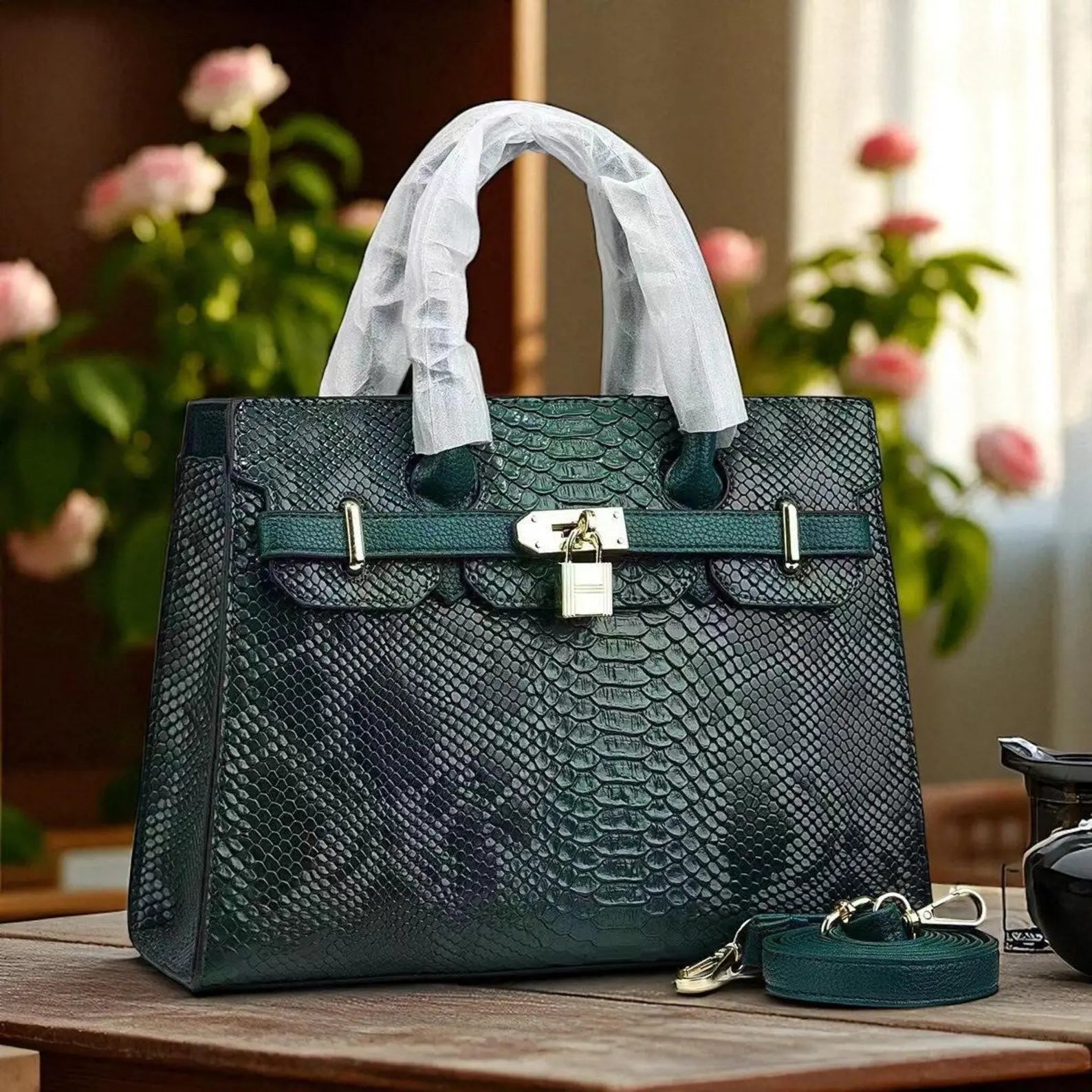 Hoor New York Crocodile Skin Stone Print Faux Leather Handbag: Vintage Style Shoulder Bag