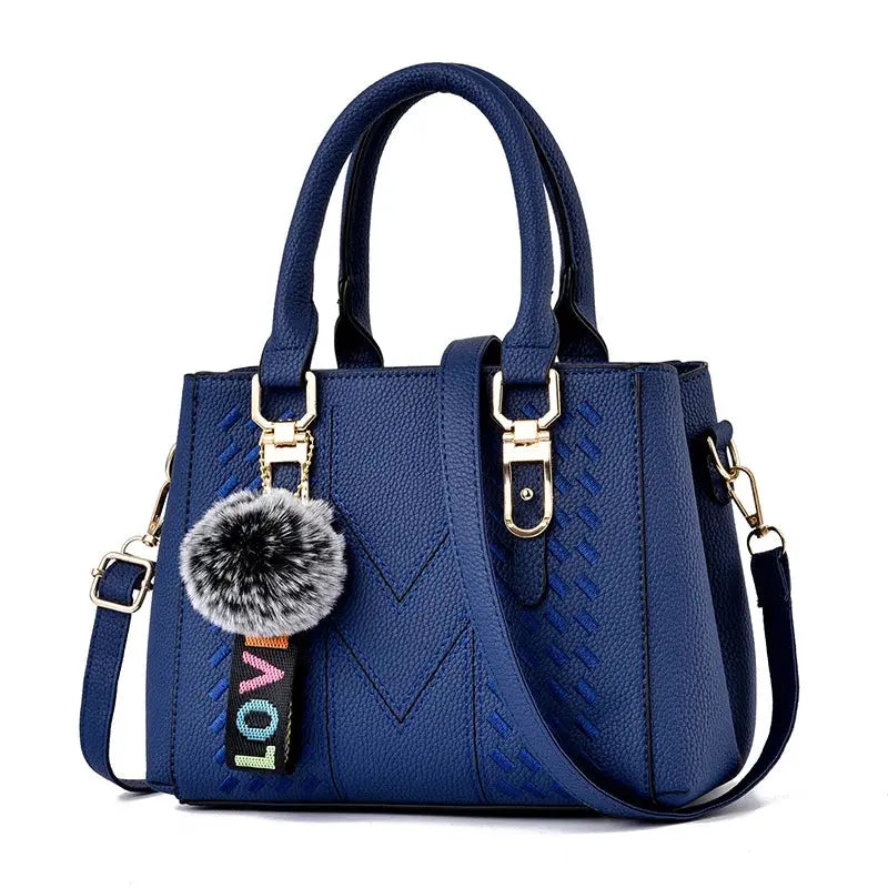Hoor Women's Leather Handbags Embroidery Tote Shoulder Bag Messenger Purse Hairball